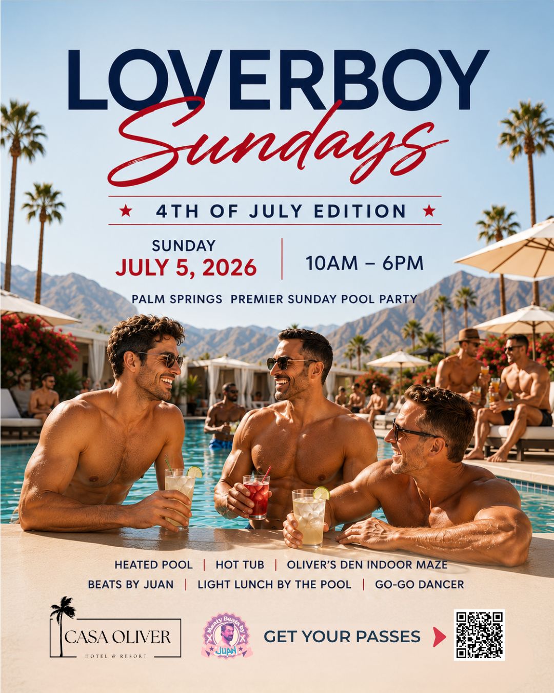 Loverboy Sundays 4th of July Pool Party Edition at Casa Oliver Hotel & Resort in Palm Springs featuring a vibrant LGBTQ+ pool party with music, go-go dancers, cocktails, and mountain views.