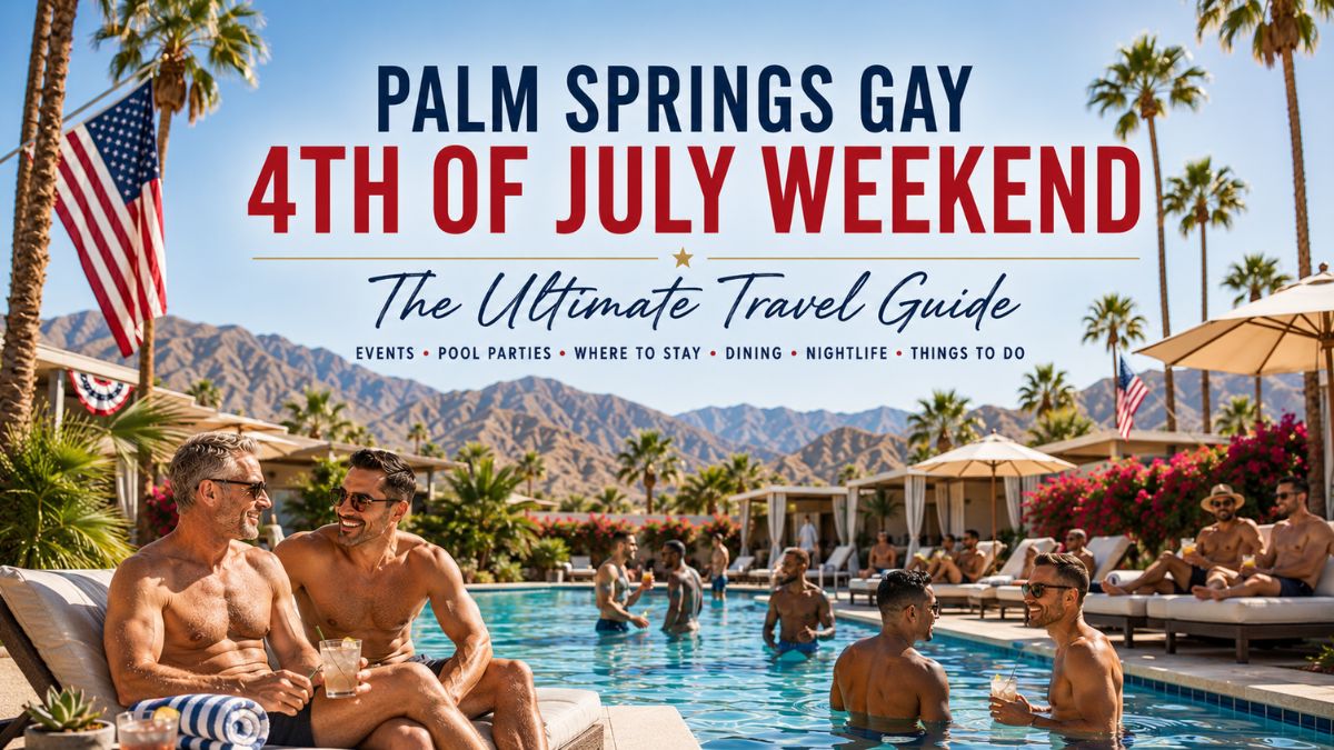 Adult gay men enjoying a luxury poolside resort during Palm Springs Gay 4th of July Weekend with mountain views, sunshine, and a relaxed social atmosphere.