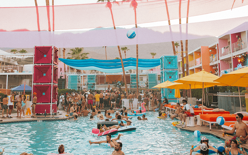 Colorful Saguaro Palm Springs pool venue decorated for Splash House.