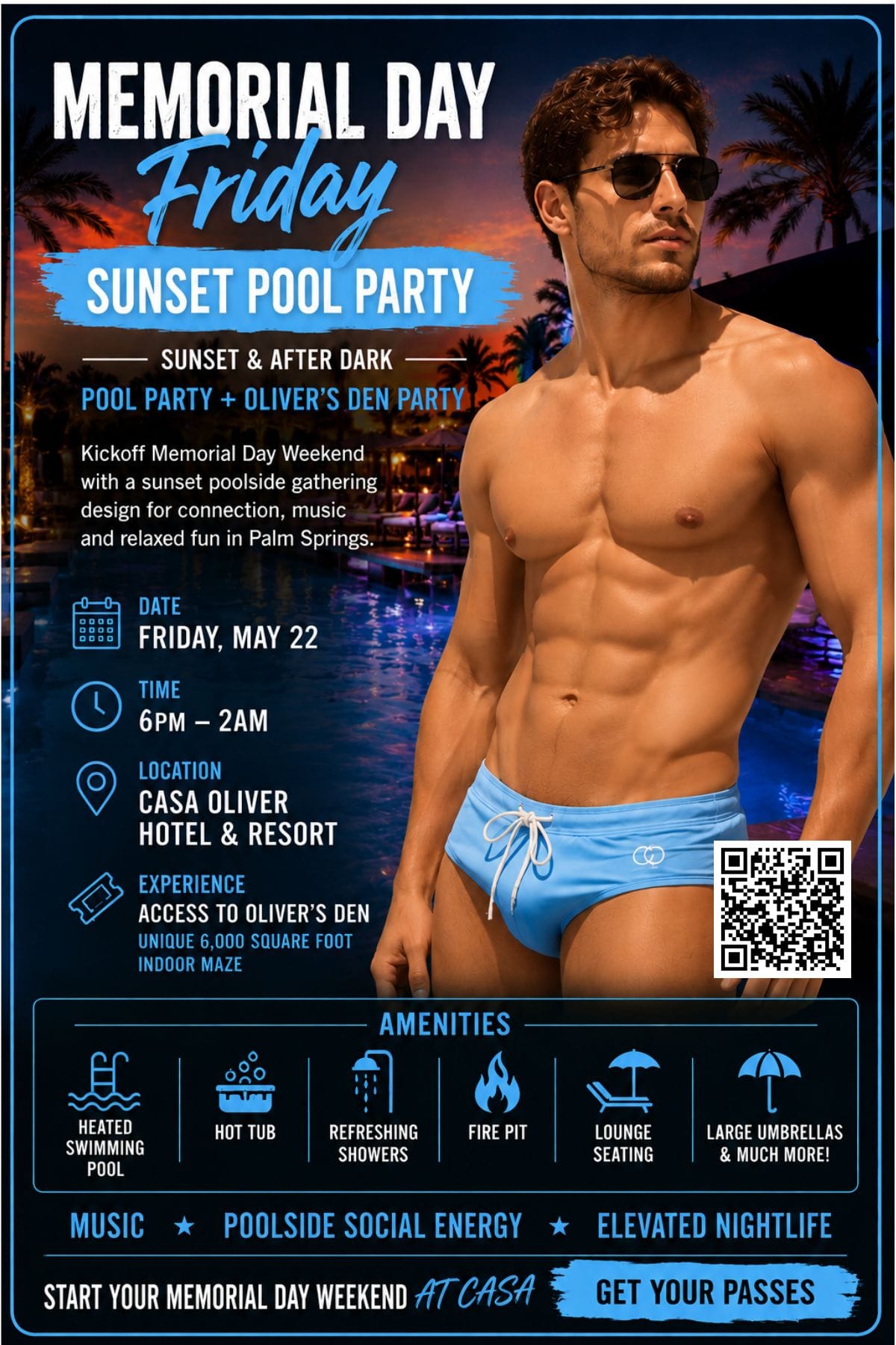 Flyer for the Memorial Day Friday Sunset Pool Party on Memorial Day Weekend in Palm Springs, featuring a men posing by a resort pool at Casa Oliver Hotel & Resort.