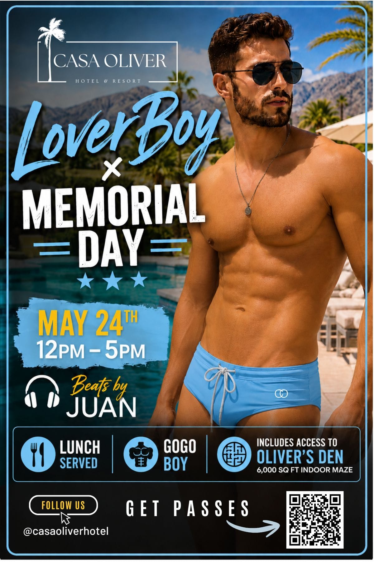 Flyer for the Loverboy Sunday Pool Party on Memorial Day Weekend in Palm Springs, featuring a men posing by a resort pool.