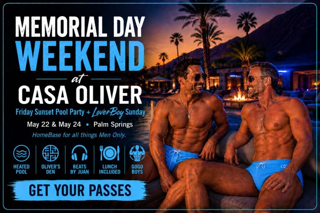 Palm Springs Memorial Day Weekend Pool Parties at Casa Oliver, image featuring two men relaxing by a pool in Palm Springs.