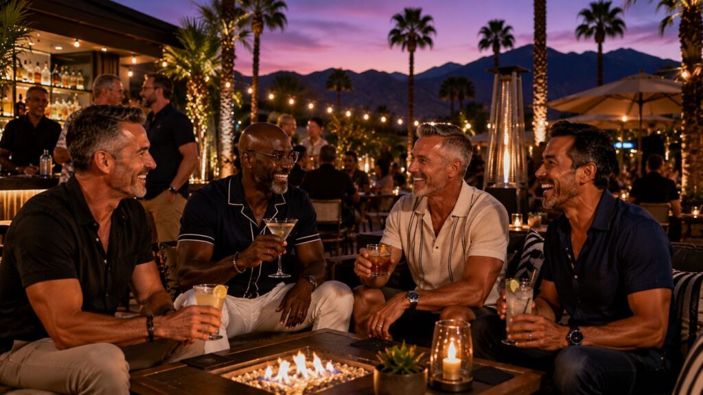 Adult gay friends enjoying cocktails at an upscale outdoor lounge in Palm Springs with mountain views, palm trees, and a vibrant evening atmosphere.