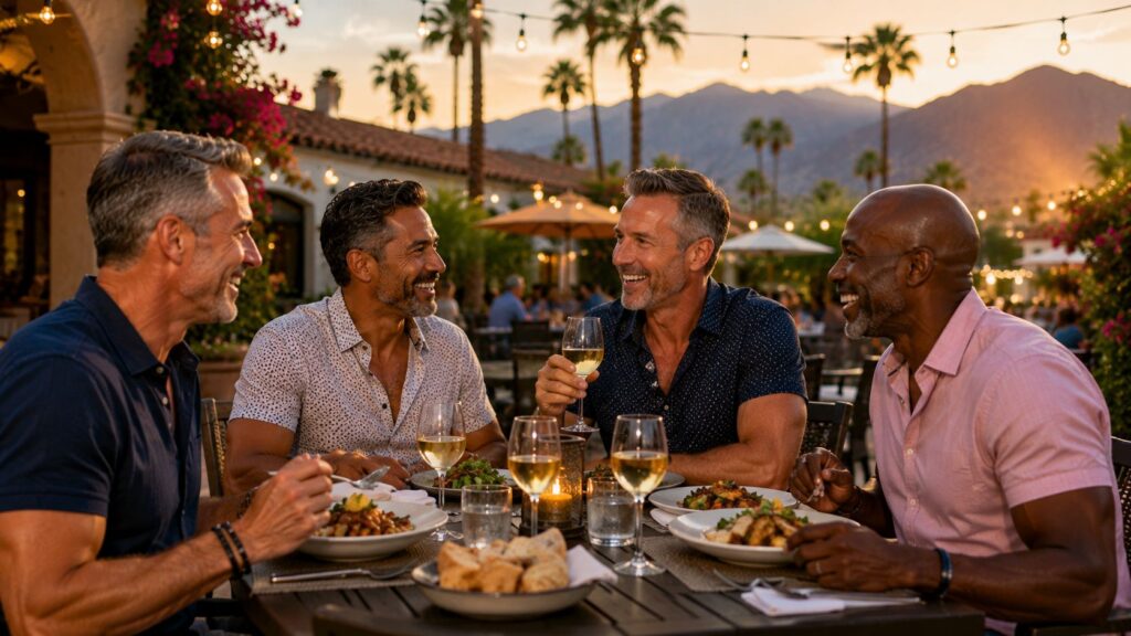 Four adult gay friends enjoying dinner and wine on an outdoor restaurant patio in Palm Springs with mountain views at sunset.