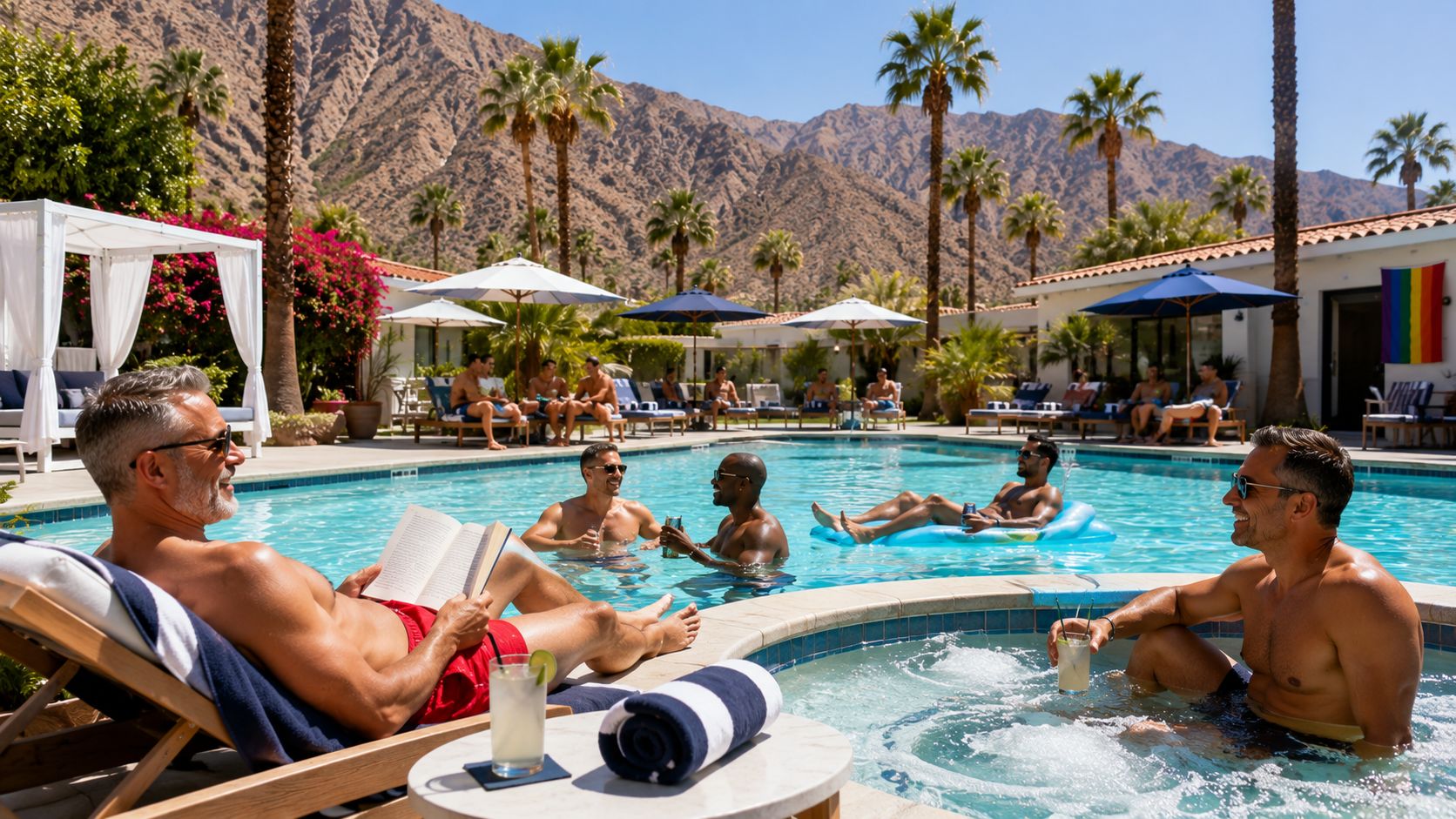 Adult gay men relaxing by a heated pool and hot tub at a luxury Palm Springs resort with mountain views during 4th of July Weekend.