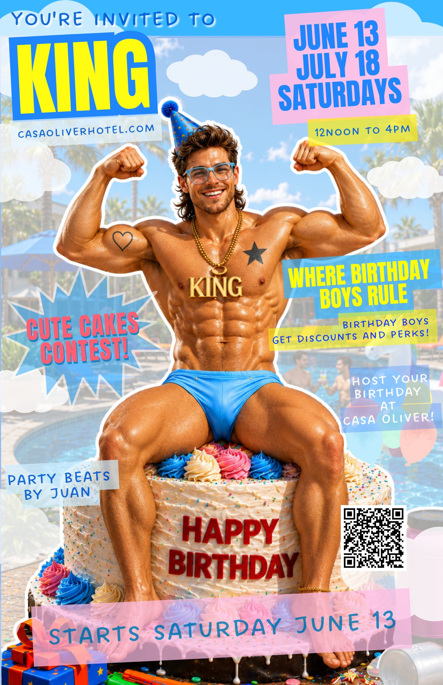 Guests enjoying KING monthly palm springs gay pool party and birthday celebration at Casa Oliver Hotel & Resort