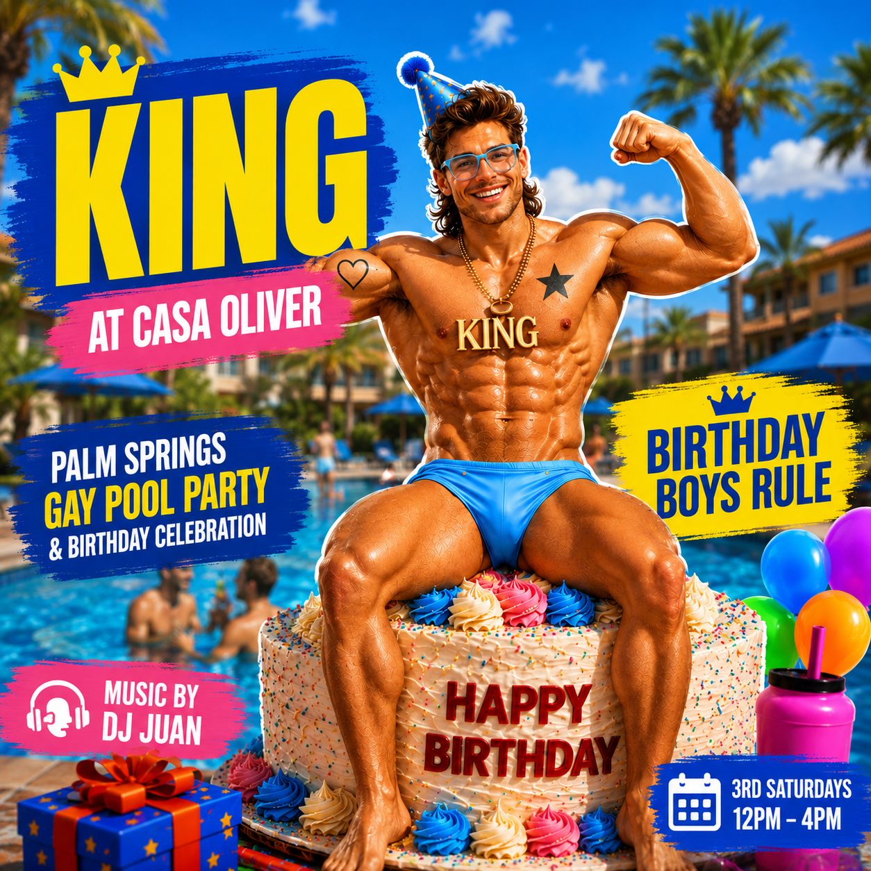 KING at Casa Oliver: Palm Springs’ New Monthly Gay Pool Party Where Birthday Boys Rule