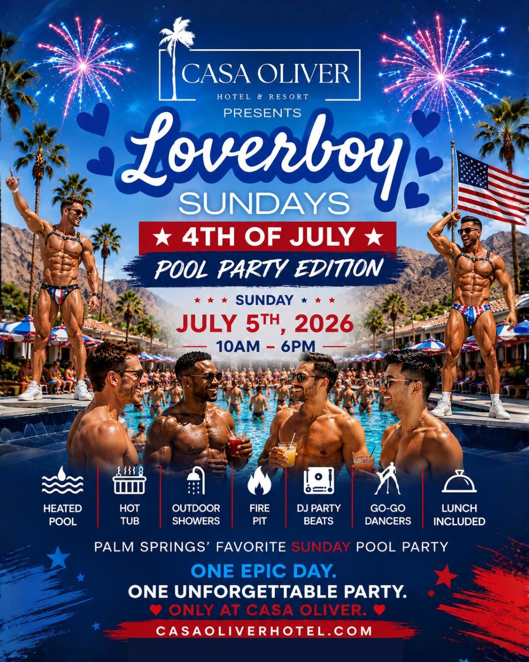 Loverboy Sundays 4th of July Pool Party Edition at Casa Oliver Hotel & Resort in Palm Springs featuring a vibrant LGBTQ+ pool party with music, go-go dancers, cocktails, and mountain views.