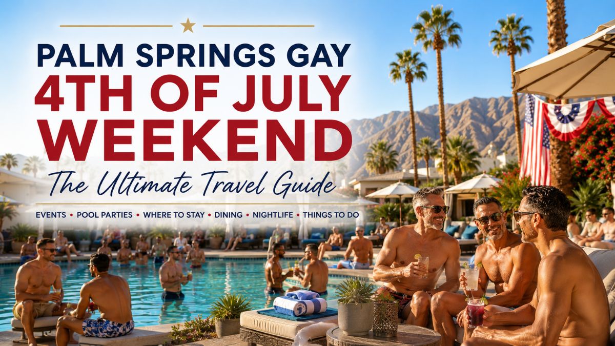 Adult gay men enjoying a luxury poolside resort during Palm Springs Gay 4th of July Weekend with mountain views, sunshine, and a relaxed social atmosphere.